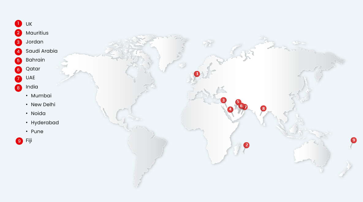 Map of the world showing Invenio's presence in UK, Mauritius, Jordan, Saudi Arabia, Bahrain, Qatar, UAE, India and Fiji Map of the world showing Invenio's presence in UK, Mauritius, Jordan, Saudi Arabia, Bahrain, Qatar, UAE, India and Fiji