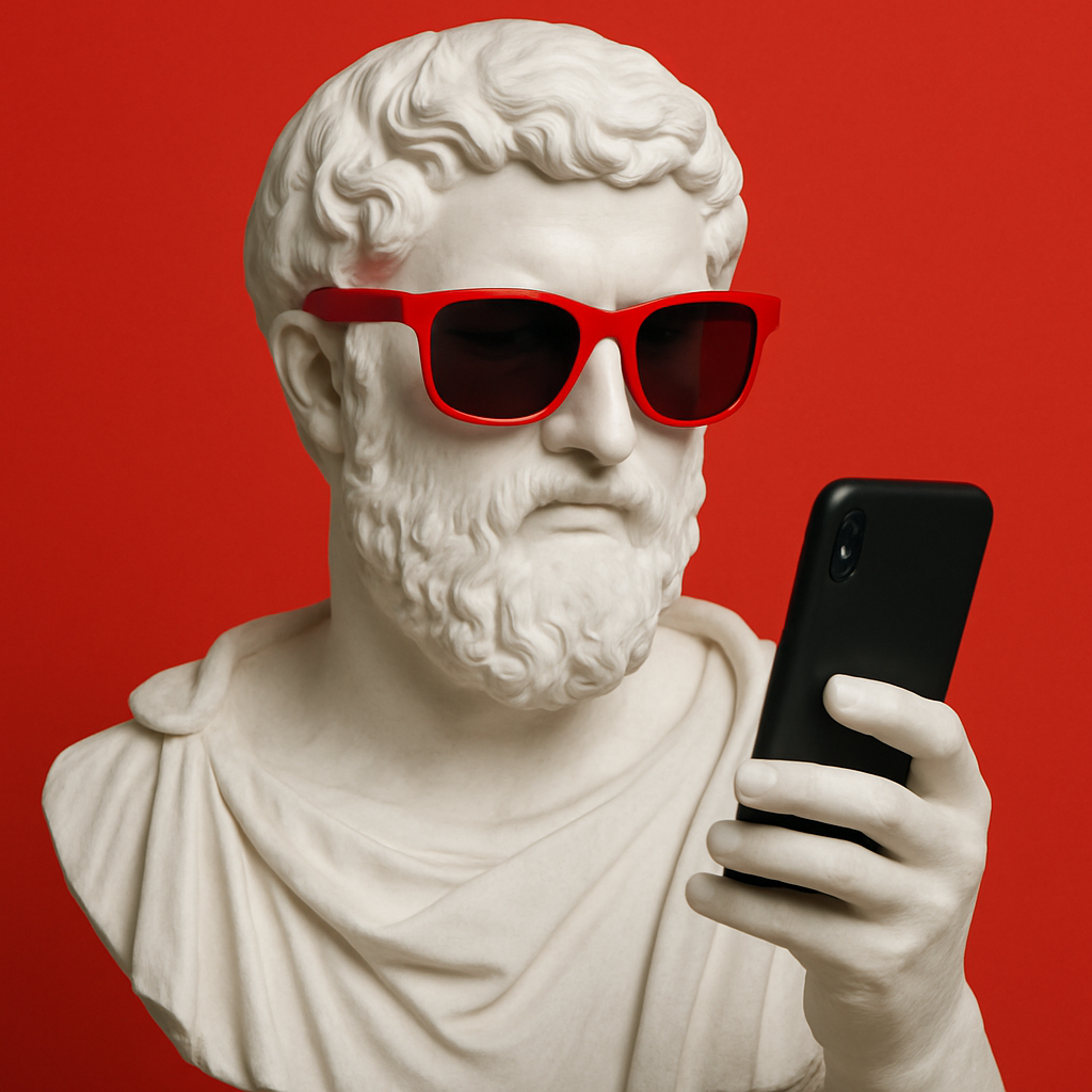 An white roman marble bust of a man with a beard and wavy hair wearing red frame sunglasses with a dark tint lens peering at a black mobile phone in his marble hand in front of a cherry bright red background An white roman marble bust of a man with a beard and wavy hair wearing red frame sunglasses with a dark tint lens peering at a black mobile phone in his marble hand in front of a cherry bright red background